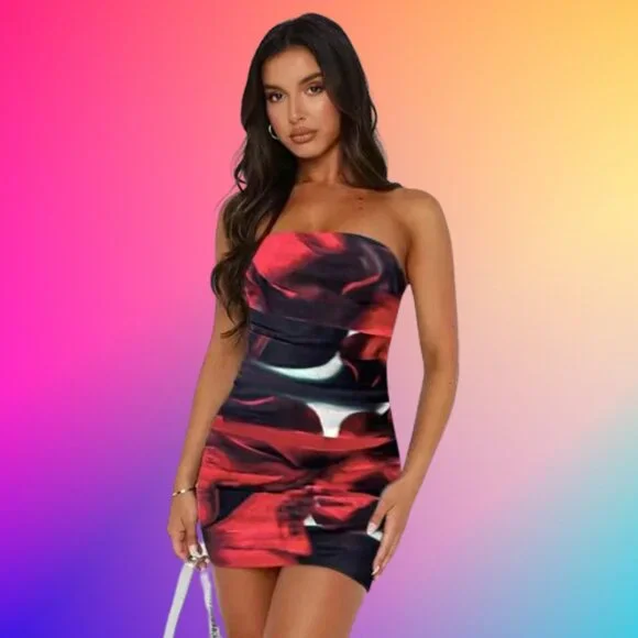 Strapless Red Tie Dye Sheath | Color: Black/Red | Size: L | Kwin1120's Closet